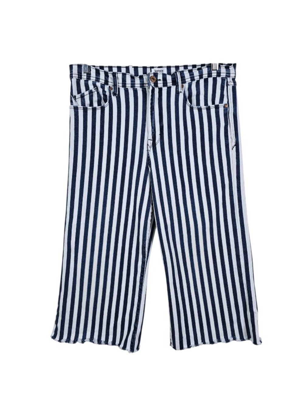 Kensie Womens The Kaya High Rise Wide Leg Striped Raw Hem Cropped Jeans 12/31